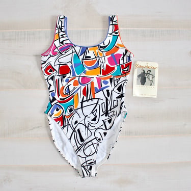 Vintage 90s Abstract Bodysuit, 1990s Aerobic Leotard, Geometric