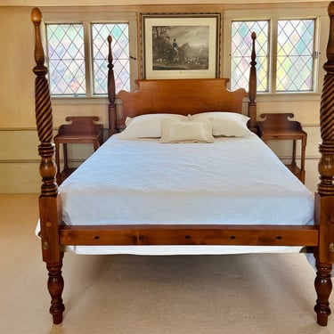 Rope Carved Field Bed in Maple, Original Posts ~ 1830, Resized to Queen with Chamfered Roll-Back Headboard & Egg Finials (3.5