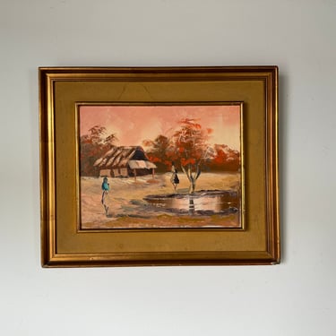 60's Vintage Tribal Village Landscape Oil Painting, Framed 