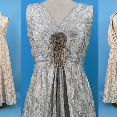 Vintage Sixties Silver Metallic Sleeveless Gown with Matching Shall - 60s Formal Dress with Beaded Applique - Small Mid Century Gown 