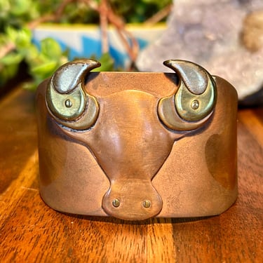 Mixed Metal Open Cuff Bracelet Bull Head Copper Brass Silver Handmade Vintage Gift 
