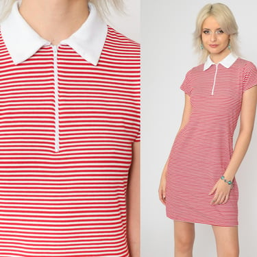 1990s Red Striped Polo Dress Vintage Short Sleeve Quarter Zip Front with White Collar Vintage 1990s Preppy Dress Short Sleeve Extra Small xs 