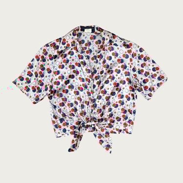 (M) 90s Silk Red/Navy Polka Dot Blouse