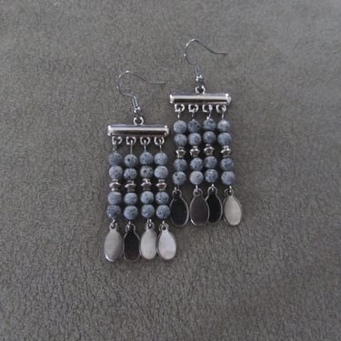 Unique lava rock and gunmetal chandelier earrings 