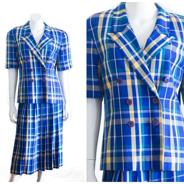 1980s blue and yellow plaid skirt suit by Pendleton 