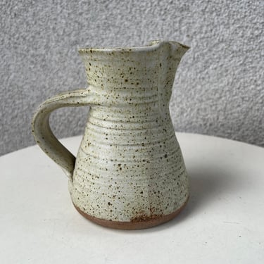 Vintage stoneware beige brown bohemian pottery small pitcher stamped 
