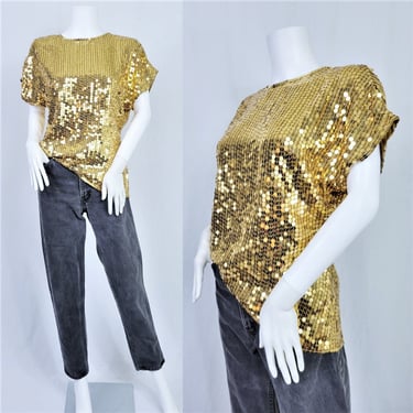 Oleg Cassini 1980's Gold Sequin Silk Top I Blouse I Shirt I Sz Med 