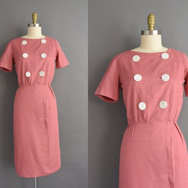 1950s Vintage Dress | Vintage 1950s Pink Rose Cotton Linen Mother Of Pearl Day Dress | Small 