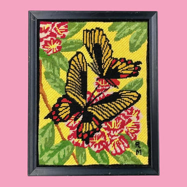 Vintage Butterfly Needlepoint 1970s Retro Size 14x11 Bohemian + Handmade + Fiber Art + Monarch Butterflies w/Flowers + Home Decor + Wall Art 