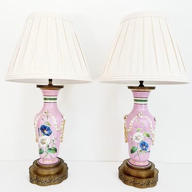 French Porcelain Urn Lamps & Shades - a Pair 