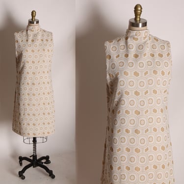 1960s Beige Tan Double Knit Polyester Sleeveless Geometric Print Shift Dress 