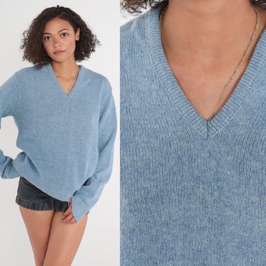 Blue Knit Sweater 80s V Neck Sweater Pullover Slouchy Plain Basic Simple Layering Knitwear Jumper Acrylic Vintage 1980s Medium Large 
