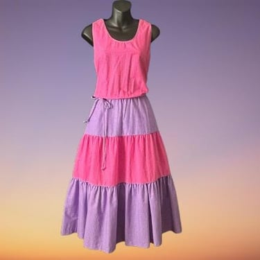 pink polka dot sun dress 1970s purple dotted full skirt frock XL new old stock 