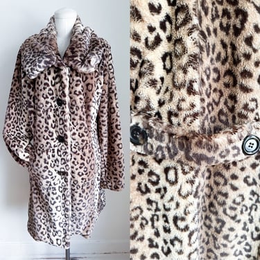 Vintage 1980s Faux Fur Leopard Print Coat / L 