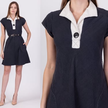 S| 70s Black & White A-Line Mini Dress - Small | Vintage Collared Short Sleeve Cotton Pocket Dress 