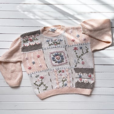 cottagecore sweater 80s 90s vintage pastel peach floral embroidered sweater 