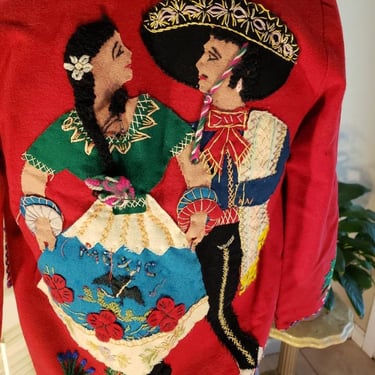 1940’s/50s Childs Red Wool Handmade Mexican Souvenir Jacket with Many Beautiful Appliqués 