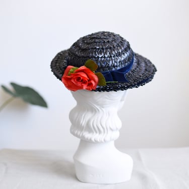 50s Navy Straw Hat with Rose 