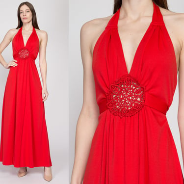 Sm 70s Red Crochet Halter Sundress | Vintage Act I Boho Backless Summer Hippie Maxi Dress 