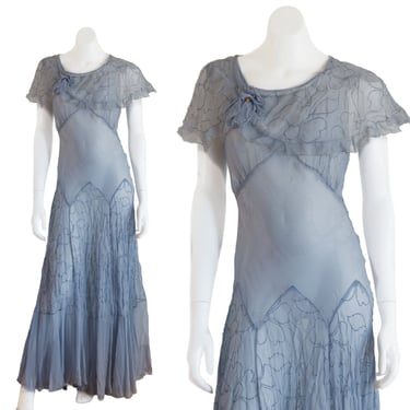 1930s Blue Chiffon Gown 