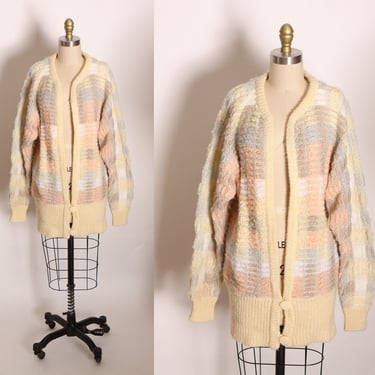 1980s Cream, Pastel Pink and Blue Knit Long Sleeve Hip Length Sweater Cardigan by Lindsay Scott -M 