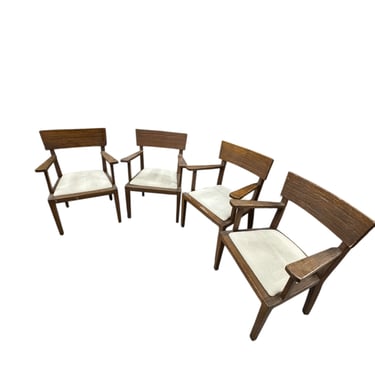 Set of four French 1940s oak Arm Bridge chairs with newer upholstery