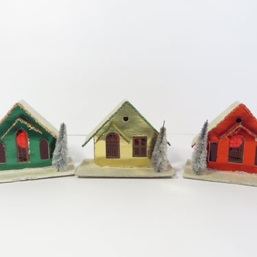 Vintage Set of 3 Red, Green and Gold Foil Putz Houses - Three Made in Japan Cardboard Foil Putz Houses 