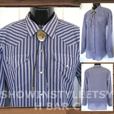 H Bar C, California Ranchwear Vintage Western Men's Cowboy Shirt, Purple & Gray Stripe, 16.5-36, Approx. Large (see meas. photo) 