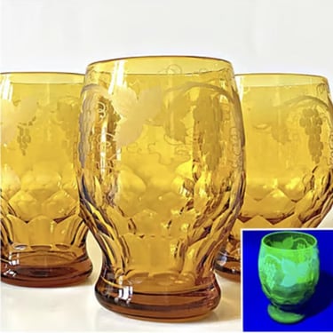 Vintage Uranium Glass Tumbler | 1930s Amber Vaseline Glass | John Walsh Glowing Georgian 20 oz Collectible Drinkware 