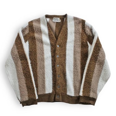 vintage fuzzy cardigan / striped cardigan / 1960s brown striped acrylic mohair fuzzy Kurt Cobain cardigan Medium 