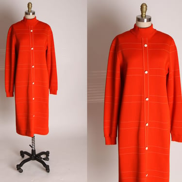 1960s Red and White Striped Mod Long Sleeve Faux Button Up Front Dress by Alfred Werber -M 