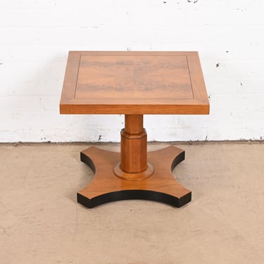 Baker Furniture Neoclassical Burled Walnut Pedestal Tea Table