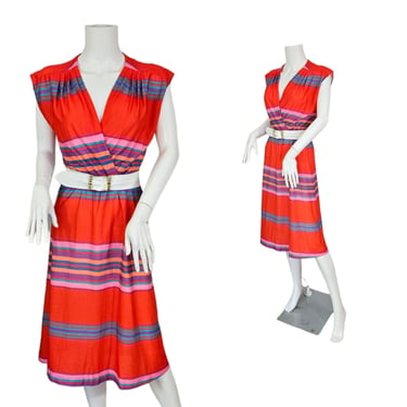 Oops 1980's Red Striped T-Shirt Dress I Sz Med I Rainbow Stripe 