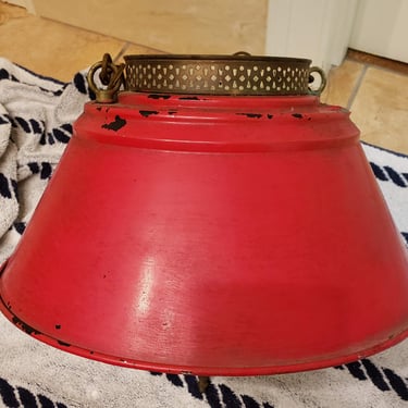 1950s Red Tole Swag Light with Frosted Chimney Shade and Brass accents 