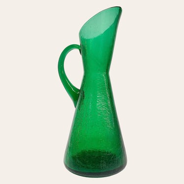 Vintage Glass Pitcher Retro 1960s Mid Century Modern + Green + Handblown + Crackled + Kitchen or Bar + Drink Serving + MCM Barware 