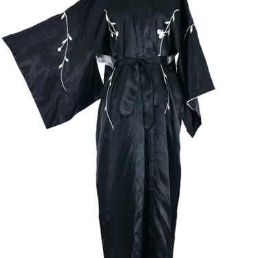 Black Embroidered Floral Silk Kimono