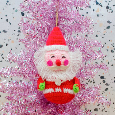 Vintage 1970s Crochet Santa Ornament - Cute Santa Holiday Decoration Christmas Decor 