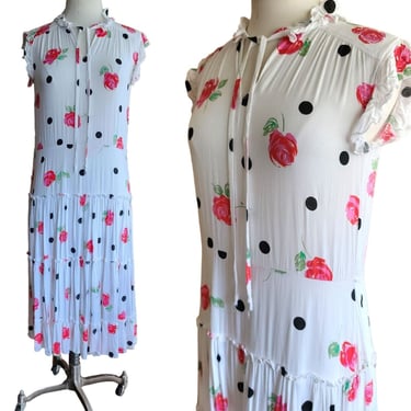 Vintage 80s Cotton Print Dress Polka Dots Red Roses 