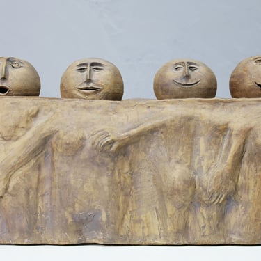 Large Ceramic Sculpture of Four Round Heads on Singular Base