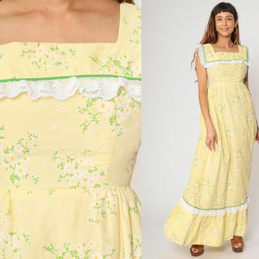 1970s Floral Prairie Dress Lace Trim Collar Ruffled Flounce Hem Yellow 70s Flocked Hippie Bohemian High Waisted Long Festival Small S 