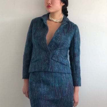 60s mohair suit / vintage teal brushed mohair blazer + pencil skirt suit matching set | Small Medium 