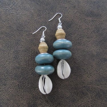 Bold chunky cowrie shell and blue wooden earrings 