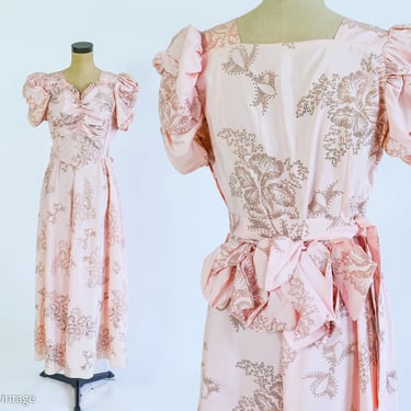 1940s Peach Floral Evening Gown | 40s Pink Flocked Taffeta Evening Dress | Medium 