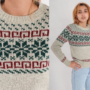 Nordic Snowflake Sweater 70s 80s Ski Sweater Cream Grey Geometric Fair Isle Sweater Boho Knit Acrylic Wool Pullover Vintage 1980s Small xs 