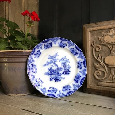 Antique Dinner Plate, Chinese Garden Design, Asian, Indigo Flow Blue, Collectible, Damages 