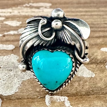 BLUE CORAZON J. Piaso Jr Sterling Silver, Turquoise Flower Heart Ring | Heart Shaped Statement Jewelry | Native American Navajo | Size 7 1/4 