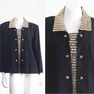 1980s black and gold blazer with gold striped shirt panel 