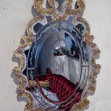 Ornate Glass Mirror with Pink Undertones  22x37” tall