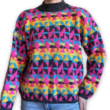 Vintage 80s Womens Kitty Hawk Retro Neon Rainbow Mock Neck Ski Sweater Sz M 
