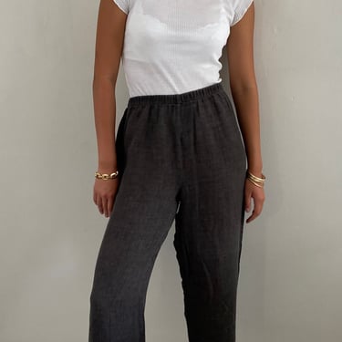 90s gauzy linen pants / vintage semi sheer brown linen Eileen Fisher cropped high waisted wide leg elastic waist easy baggy pants | Large 
